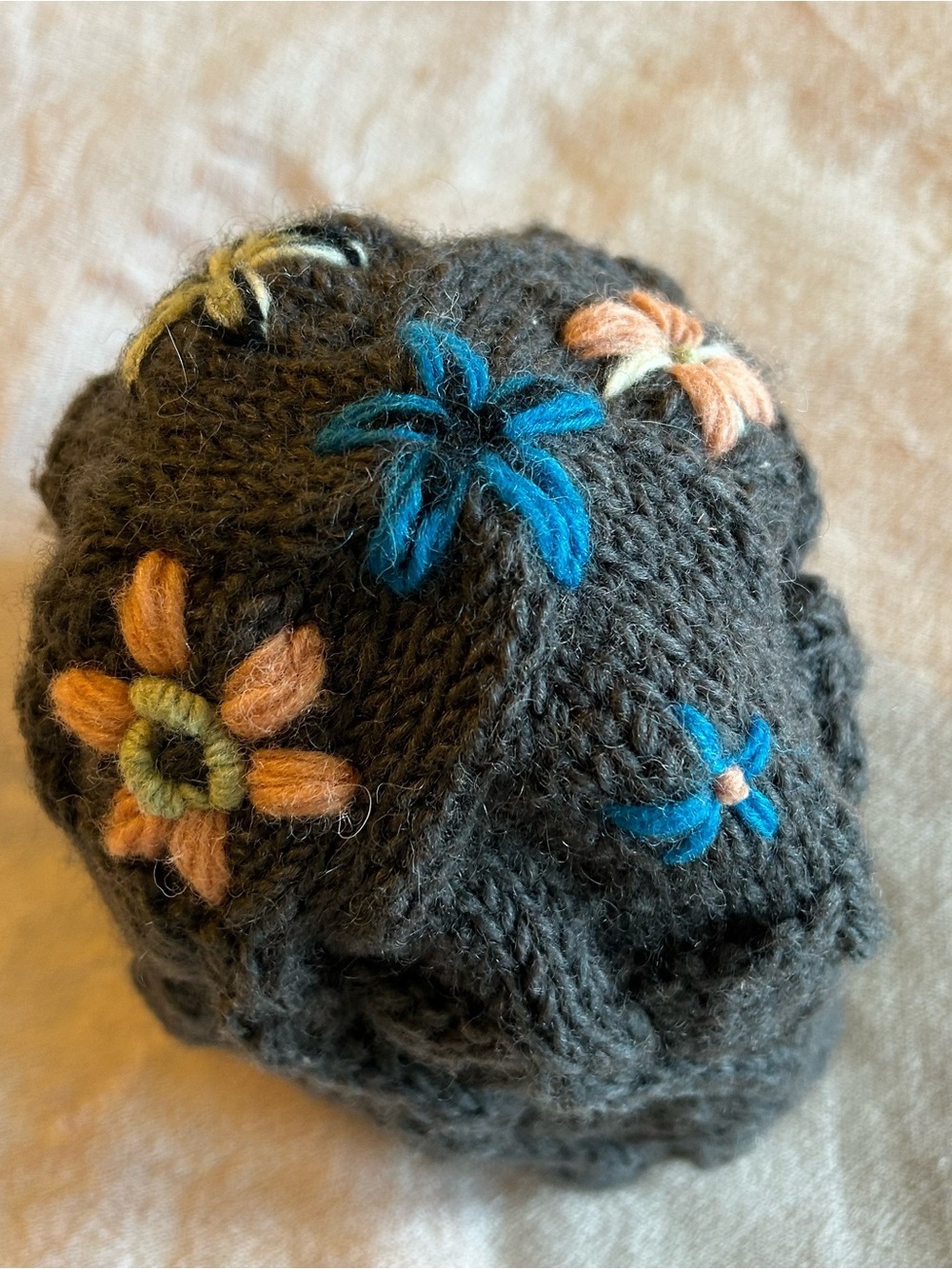 Turtle Fur gray wool beanie with embroidered flowers fleece lined winter warm
